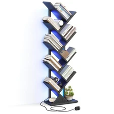 9 Tier Tree Bookshelf with LED Light, Floor Standing Bookcase, Narrow Bookshe...