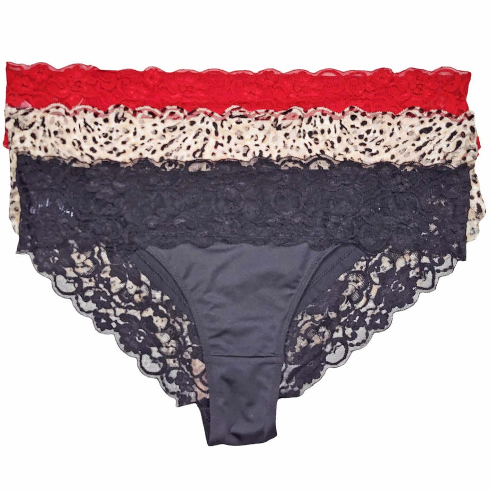 Bikini Panty Floral Encaje Ribete Forrado Entrepierna Paquete de 3 Colores Negro Rojo Leopardo 2210 Foto 4 de 4