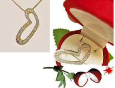 CZ Valentine heart necklace 18kt yellow gold silver pendant Rose Gift Box New