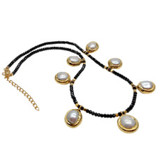 17" Natural Black Spinel Necklace Cultured White Pearl Charm