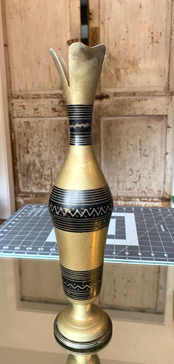 ピアス　No.4299 Vtg Etched Brass Handmade Painted Black Stripes & Gold 13.25” Vase