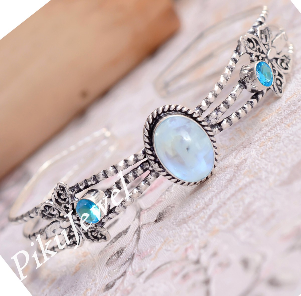 Moonstone & Blue Topaz Gemstone 925 Sterling Silver Cuff  Moonstone Blue Topaz 925 Sterling Silver Cuff Bracelet display picture 1