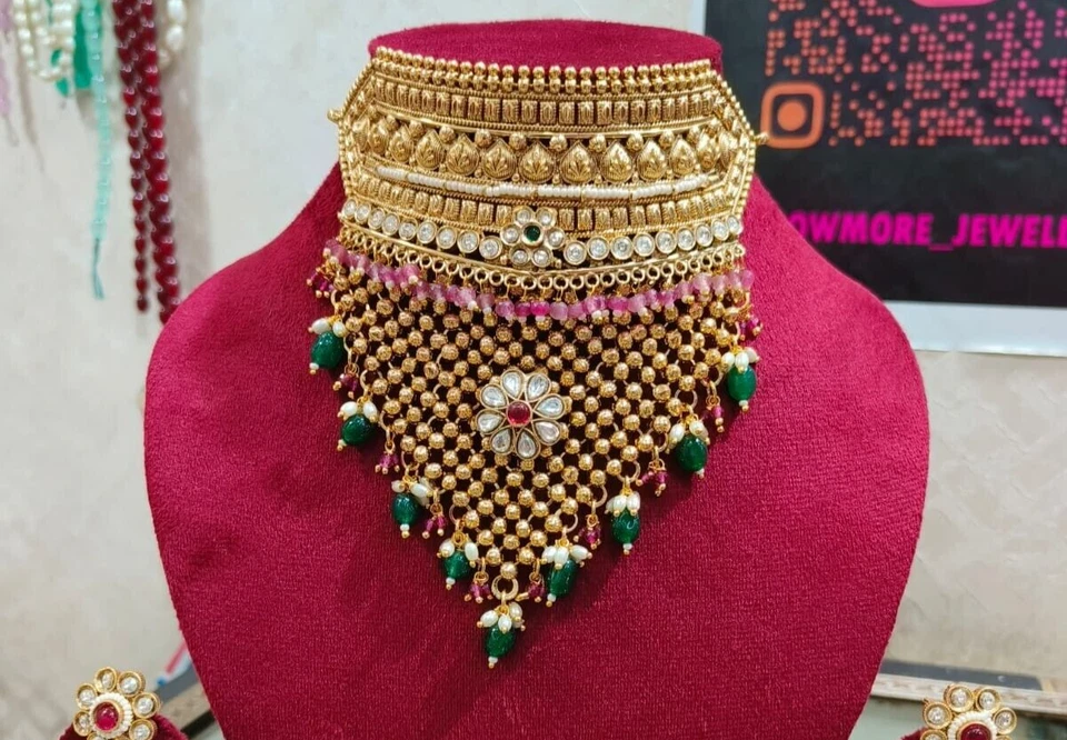 Gargantilla Kundan india Bollywood chapada en oro collar nupcial pendientes conjunto de joyería Foto 4 de 4