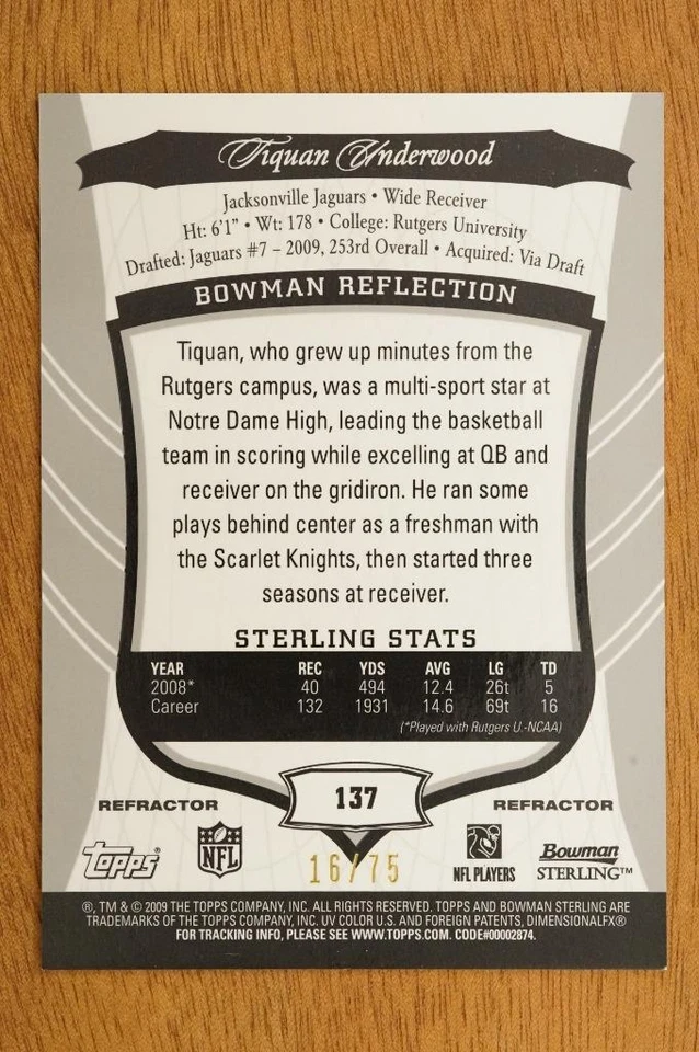 2009 Bowman Sterling 16/75 Tiquan Underwood #137 RC Auto Jacksonville Jaguars - Image 2 of 2