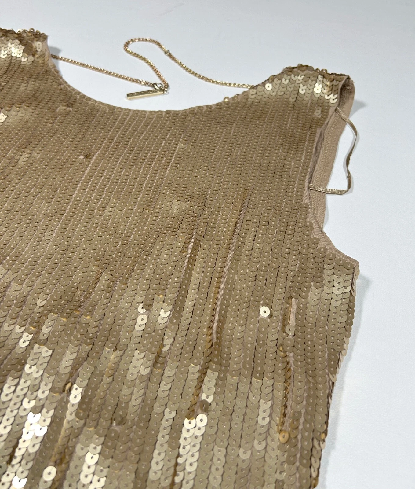 Abito Michael Kors nuovo con etichette paillettes oro aperto schiena dettaglio catena taglia media