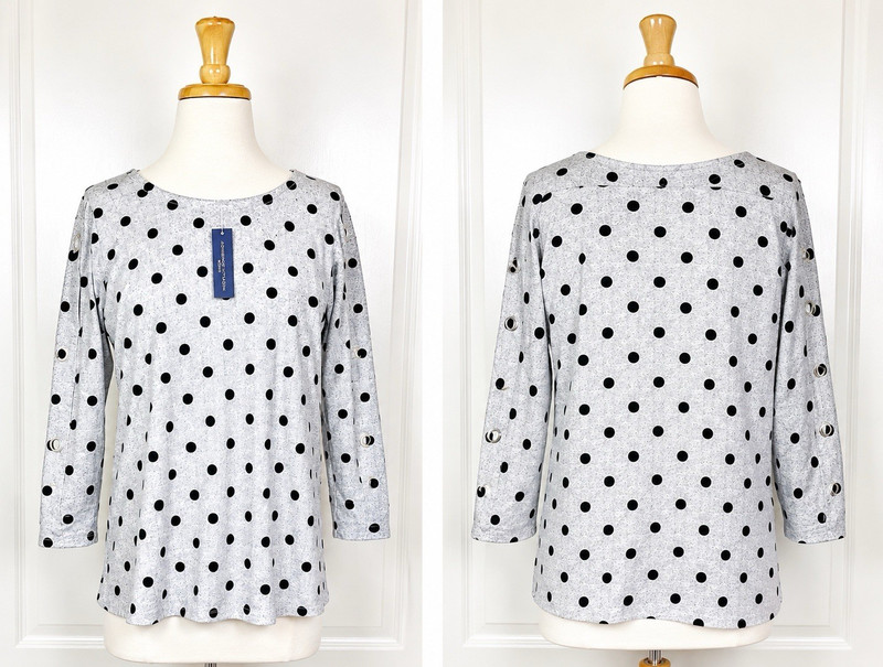 Adrienne Vittadini Women’s Petite Large Gray Black Polka Dot Round Neck Knit To