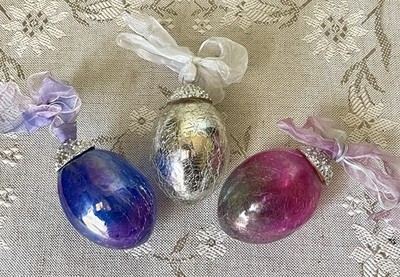 Glass Kugel Easter  Egg Ornaments 3 Lot 3'' Crackle Silver Blue Pink Heavy