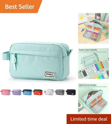 Large Mint Green Pencil Case with Handle and Multiple Compartments