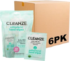 Antibacterial Hand Wipes with Aloe - 50 Count Travel Pack, Unscented, 6 Pack