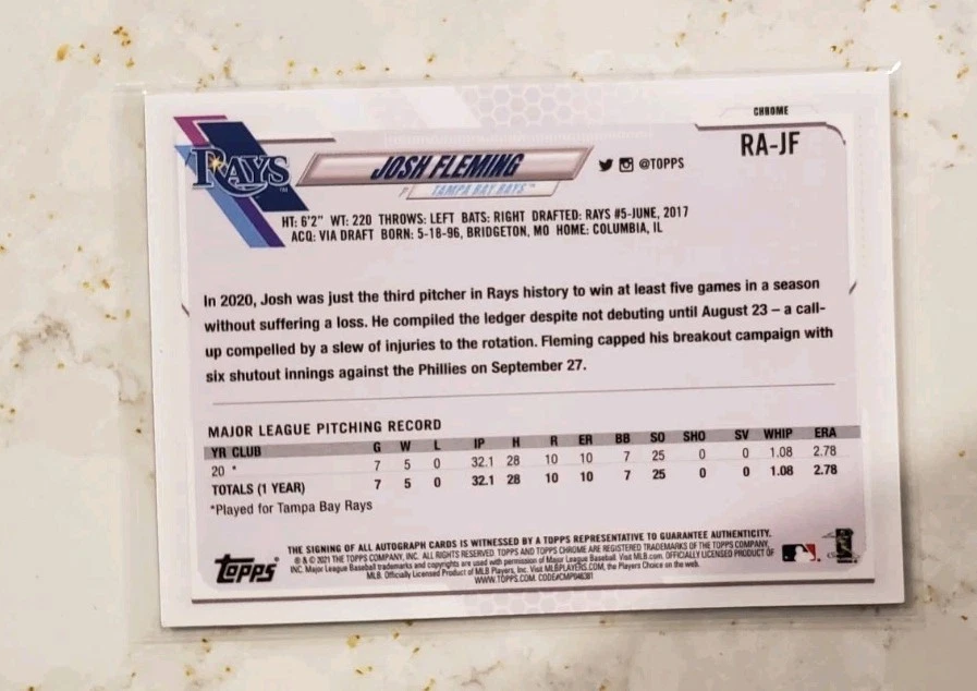 2021 Topps Chrome Josh Fleming Tampa Bay Rays Auto RC - Image 2 of 2