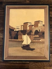 Vintage Handcrafted Framed Marquetry Wood Inlay Sailboat Picture 11”x9”