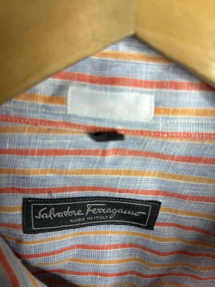 Camisa Salvatore Ferragamo Para Hombre Mediana Multicolor Rayas Lino Abotonada Italia Foto 4 de 4