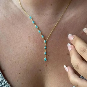 Authentic 3Ct Pear Cut Lab Created Turquoise Teardrop Y Necklace In 14k Yellow Gold Plated