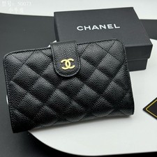 CHANEL Black Quilted Logo Folding Wallet Credit Card Zipper Women’s Luxury