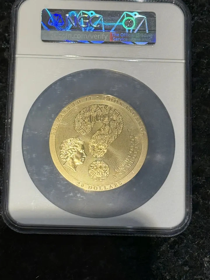 2018 Cook Islands 3 oz Gilt Silver Antique Aztec Calendar Stone NGC MS-69 - Image 2 of 4