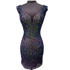 Sherri Hill Sheer Iridescent Beaded Purple Formal Prom Mini Dress Size 0 2949
