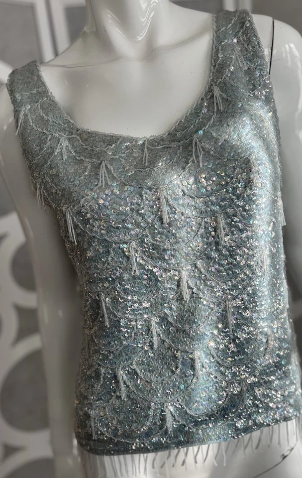 1950s Beaded Wool Tank Top Large Baby Blue Shimmy Showgirl Blouse Zip Lined Vntg - Image 3 of 4