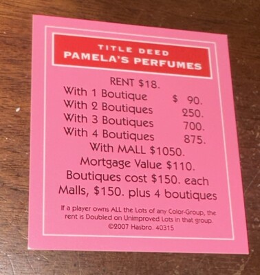 Vtg Monopoly Barbie Boutique Ed. 2007 Replacement Pc Pamela s Perfumes Card