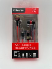 Universal Anti-Tangle Headphones, Stereo Earbuds w/ Mic, Red  Black - NEW