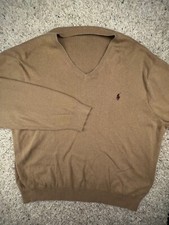 Polo Ralph Lauren Pima Cotton Sweater V Neck Tan Brown Long Sleeve XL Red Pony