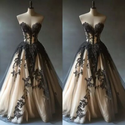 Gothic Champagne Wedding Dresses Sweetheart Black Lace Appliques Bridal Gowns | eBay Gothic Champagne Wedding Dresses Sweetheart Black Lace Appliques Bridal Gowns | eBay