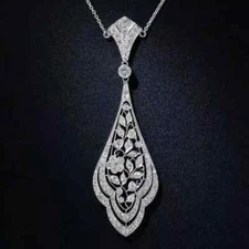 Art Deco Style Round Cut Lab Created Diamond Wedding 14K White Gold FN Pendant