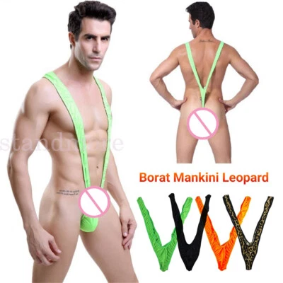 Leopard Skin Mesh Man Sexy Borat Mankini Thong Bodysuit Costume Swimsuit
