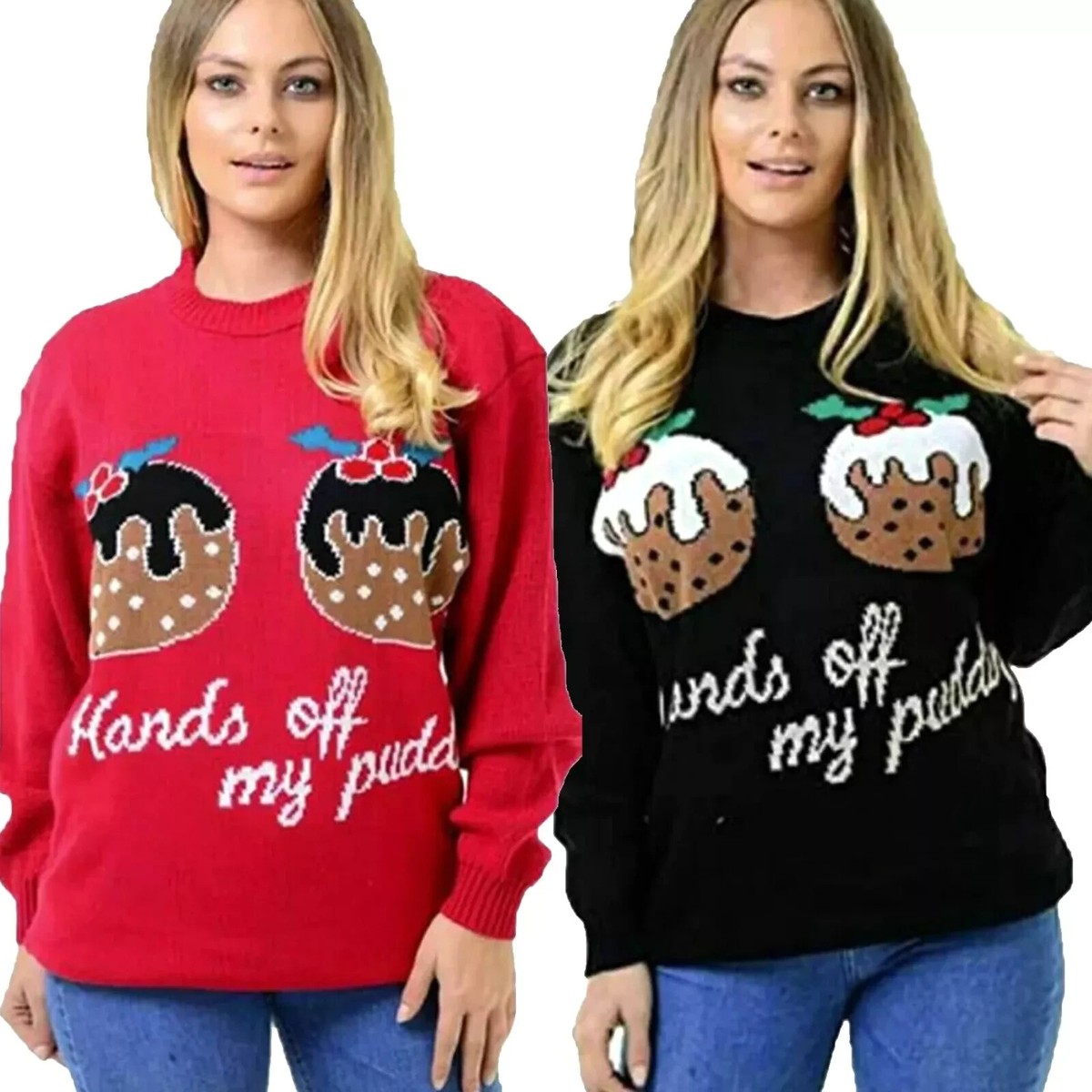 Ladies Knitted Christmas Jumper Women's Hands of Pudding Festive Sweatshirt  Top