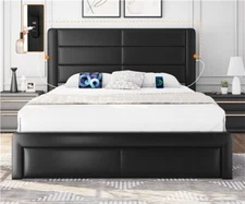 King/Queen Upholstered Bed Frame with Storage Drawers and Built-In USB Ports