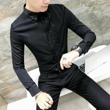 Men Gothic Steampunk Shirt Silk Satin Casual Sequins Formal Work Tops Blouse