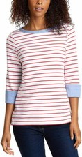 NEW NAUTICA WHITE,RED STRIPED,BLUE TRIM COTTON CHAMBRAY TOP SHIRT 3/4 SLEEVE-XXL