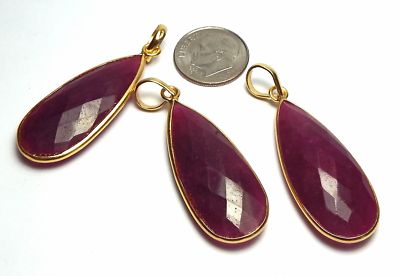 RUBY RED QUARTZ 14k Gold Vermeil 34mm Faceted Teardrop Pendant Bead /r8