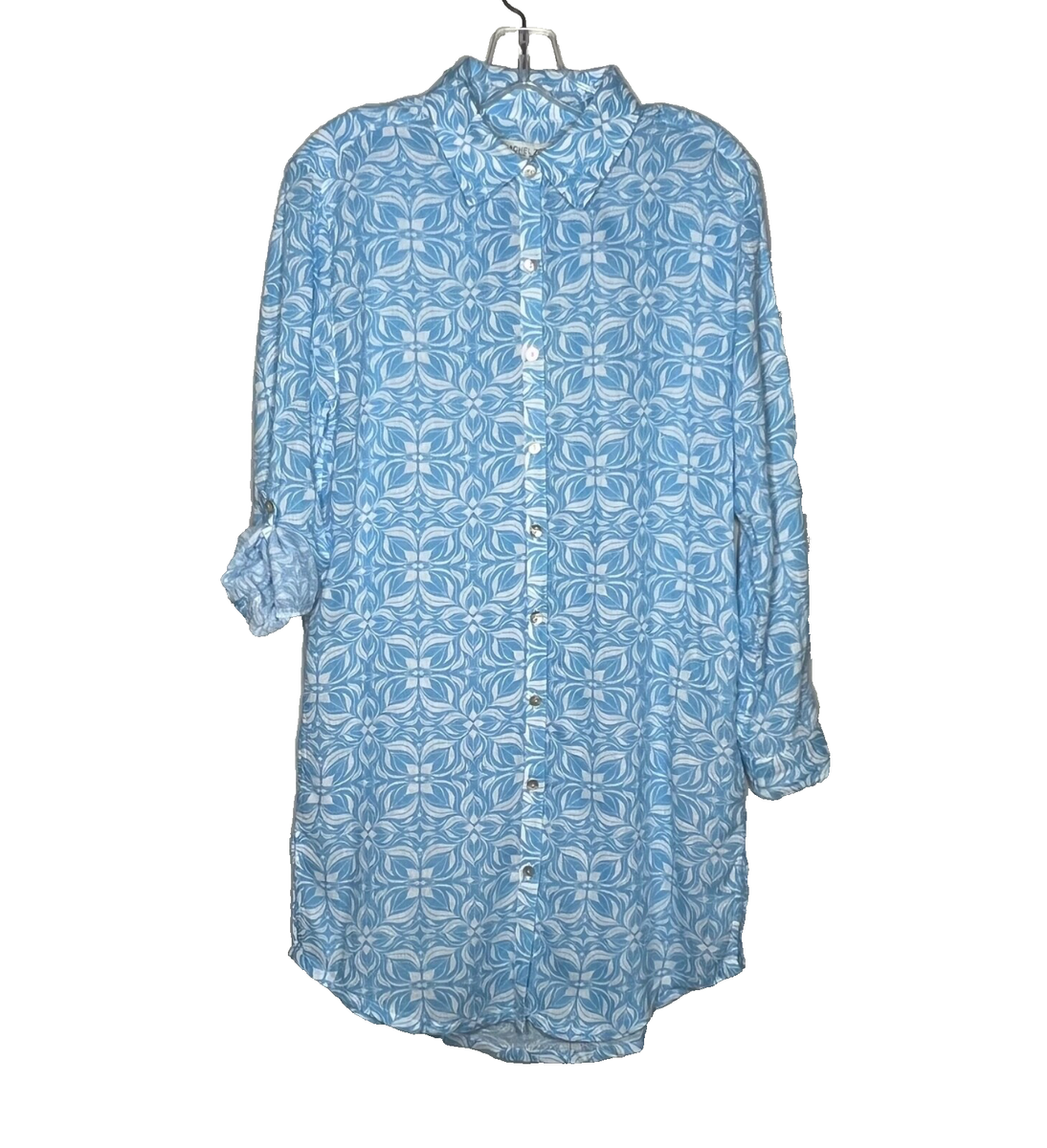 Rachel Zoe Geometric Linen Blend Mini Shirt Dress Womens S Blue White Beachy