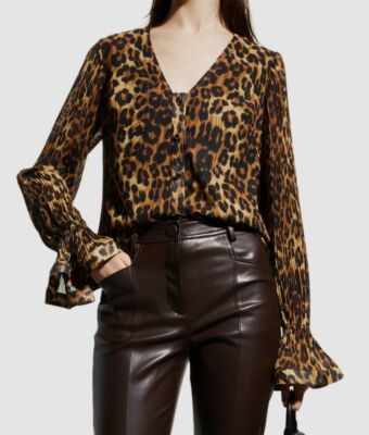 $326 Milly Women's Brown Greer Pleated-Sleeve Leopard-Print Blouse Top Size M