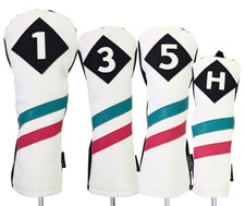 Majek Retro Golf 1 3 5 H Driver Wood Hybrid Headcover White w/ Teal Pink Stripe