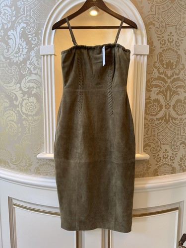 BNWT Karen Millen Real Suede Leather Dress Olive Green 6 XS Whipstitch Bandeau - Picture 2 of 12