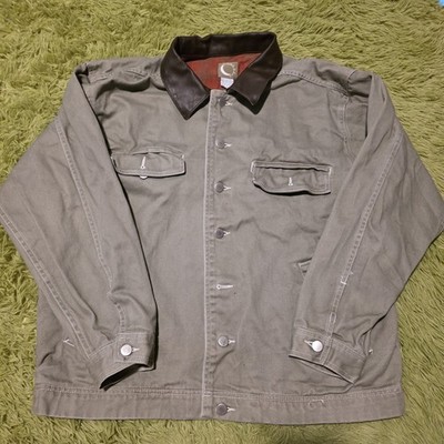 Vintage 90s Marlboro Plaid Lined Leather Collar Work Chore Canvas Medium Jacket