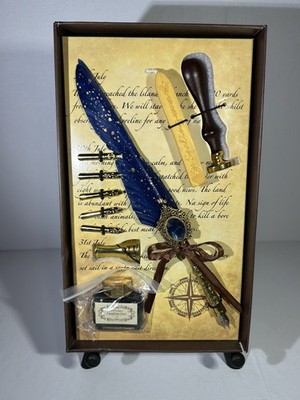 Quill Pen/Ink Set Steampunk Map Style Feather Calligraphy w/ Wax Seal Stamp Kit