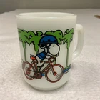 1958 Snoopy Anchor Hocking Fire King Pedal Power Milk Glass Coffee Mug 3383