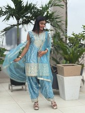 Stylish Pure Chinon Silk Top Dhoti With Sky Blue Dupatta For Women Party Wear