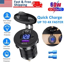 12V QC3.0 Dual USB Car Fast Charger Socket Power Outlet LED Voltmeter Waterproof