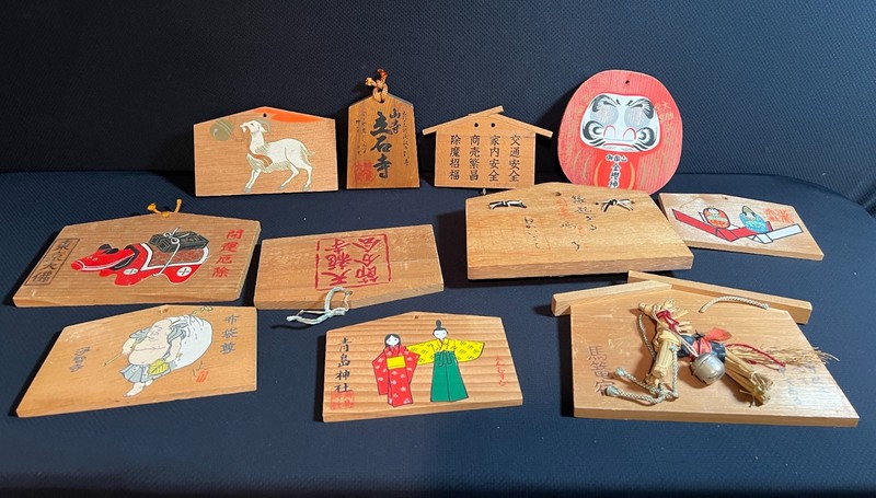 Collection of Antique Japanese Ema Wooden Prayer Plaques & Shrine Amulets
