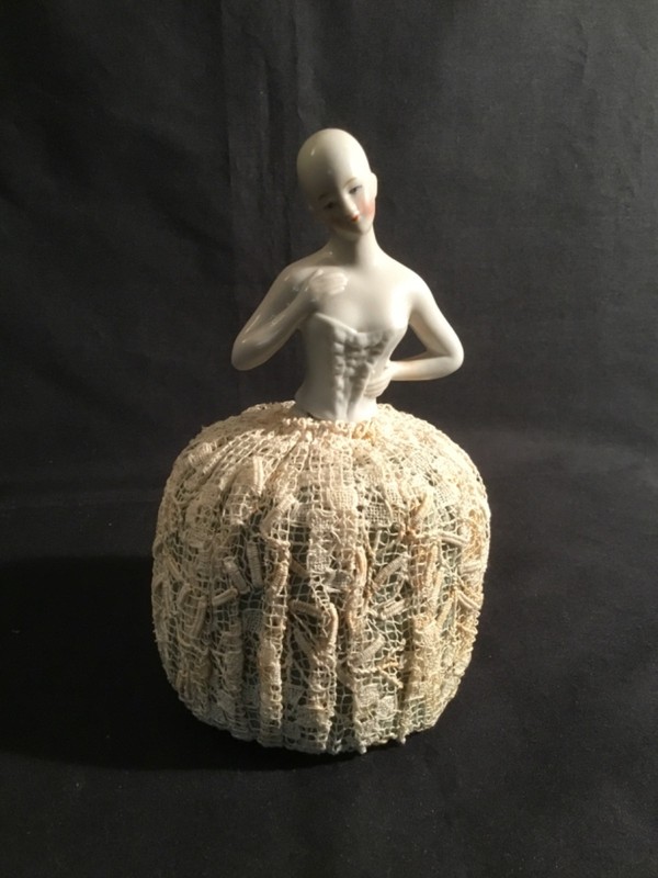 VINTAGE GERMANY PORCELAIN PINCUSHION DOLL ANTIQUE HANDMADE LACE RARE