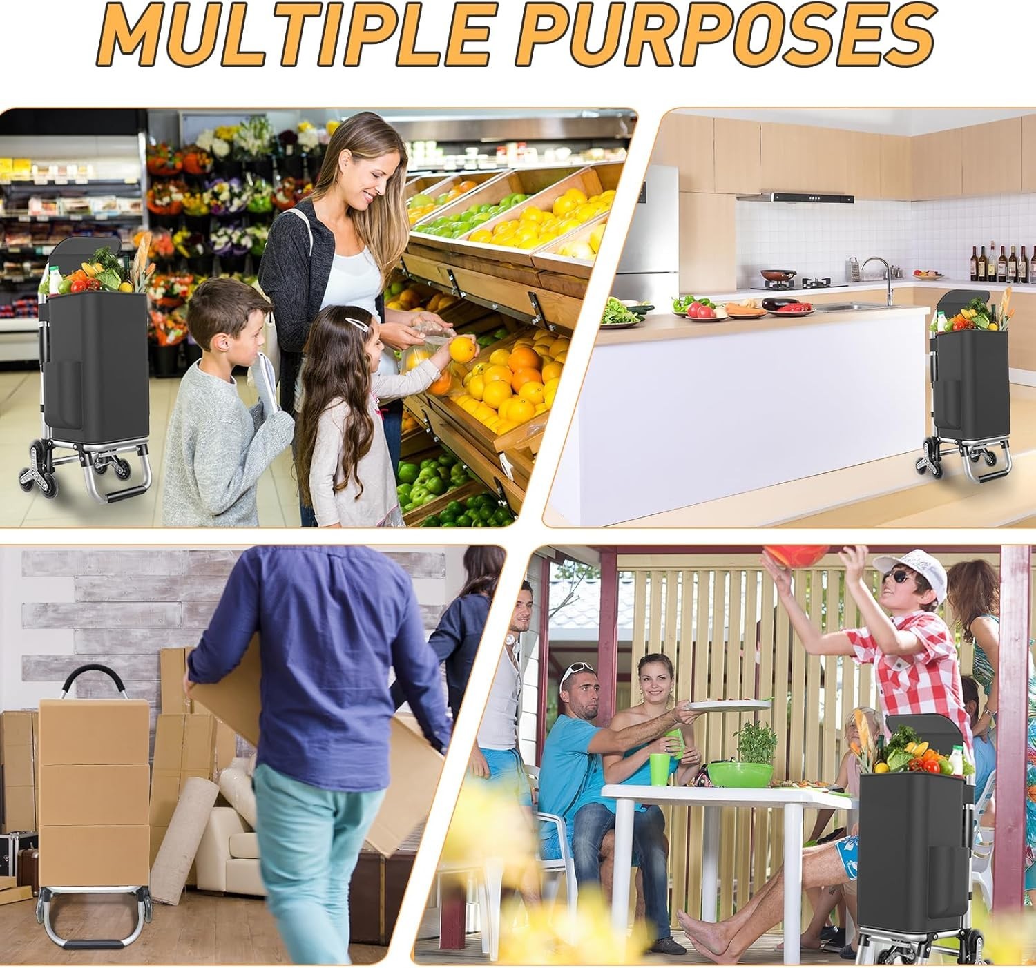 Foldable 3-in-1 Grocery Cart with 6 Wheels & Waterproof Bag - 110 lbs Capacity