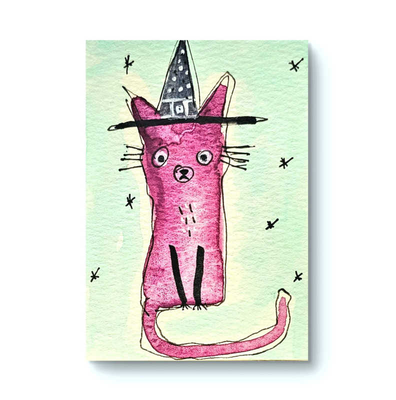 Original Purple Witch Cat Watercolor Painting Halloween Folk Art OOAK Juniper