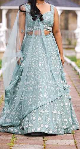 Women’s Blue Sequin Embroidered Lehenga Choli 3-Piece Set w/ Dupatta One Size