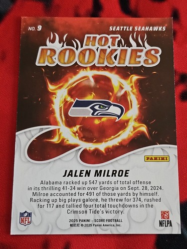 2025 Panini Score - Hot Rookies #9 Jalen Milroe RC Seattle Seahawks - Foto 2 di 2