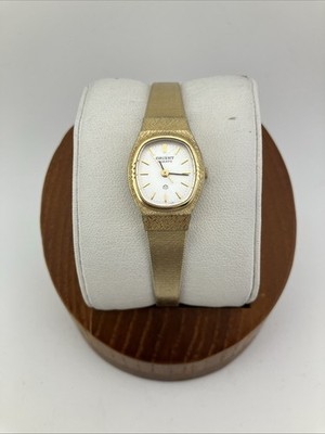 Vtg Orient Ladies 19mm Watch Gold Tone Gold Oval Dial w/Safety Chain 6.75''-RUNS