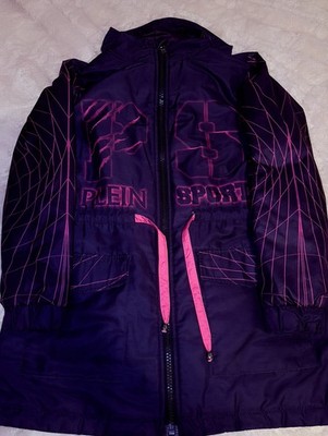 G  New RP$446 Plein Sport Size L Women's Black Hooded Logo Zip Long Jacket New