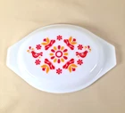 Pyrex 943C Casserole Lid Red Orange Folk Art Birds Milk Glass Vintage